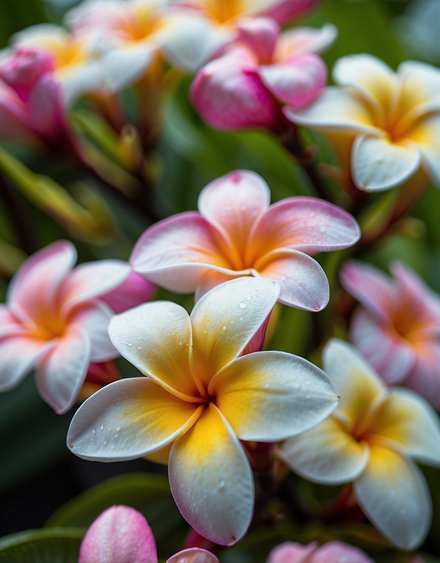 A lush garden filled with vibrant plumeria flowers in full bloom, emitting a sweet, intoxicating fragrance