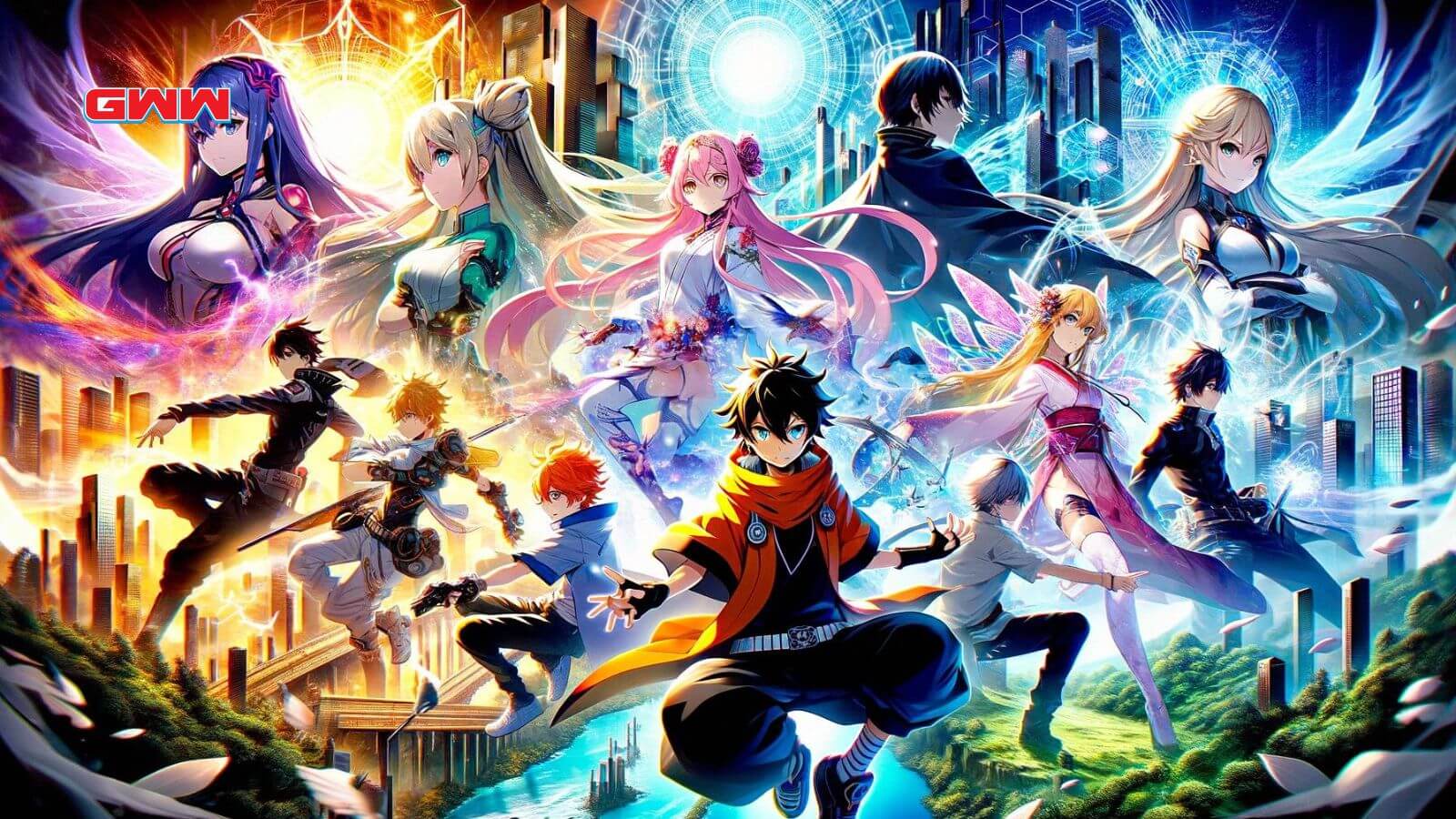 Una escena de anime vibrante y dinámica que muestra cinco personajes de anime populares de diferentes series, cada uno en una pose distinta y poderosa.