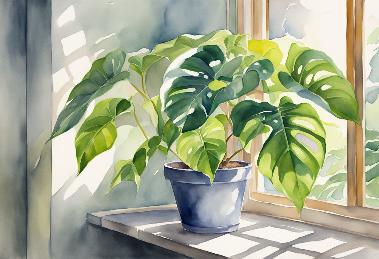 A philodendron plant sits in a well-lit room, with sunlight streaming through a nearby window. The leaves are vibrant and healthy, showing no signs of wilting or discoloration