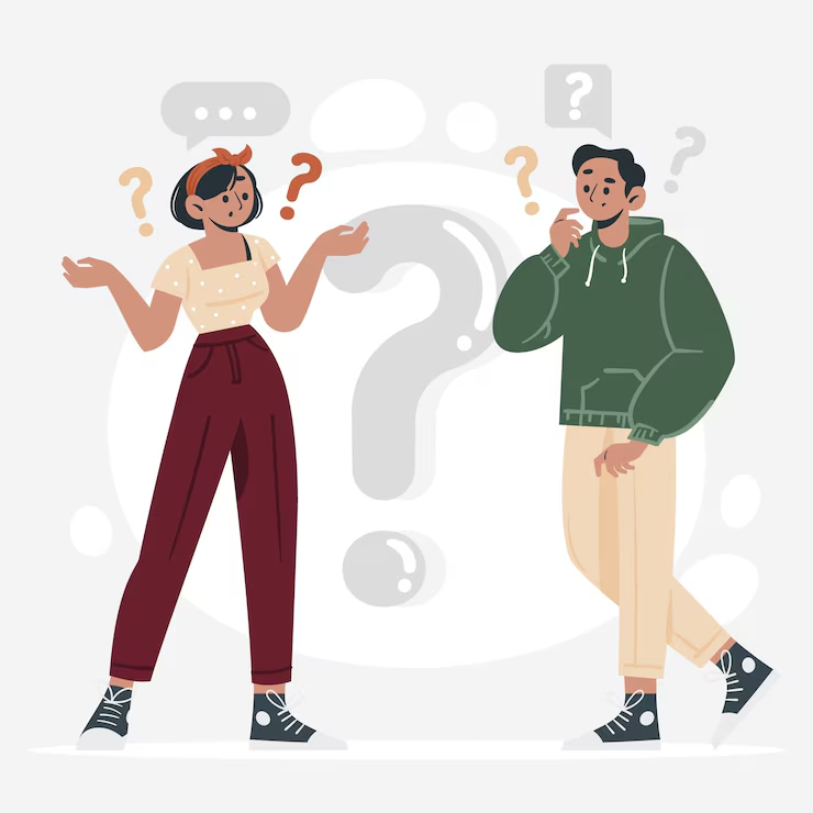 Graphic of a man and a woman thinking about the answer to a question