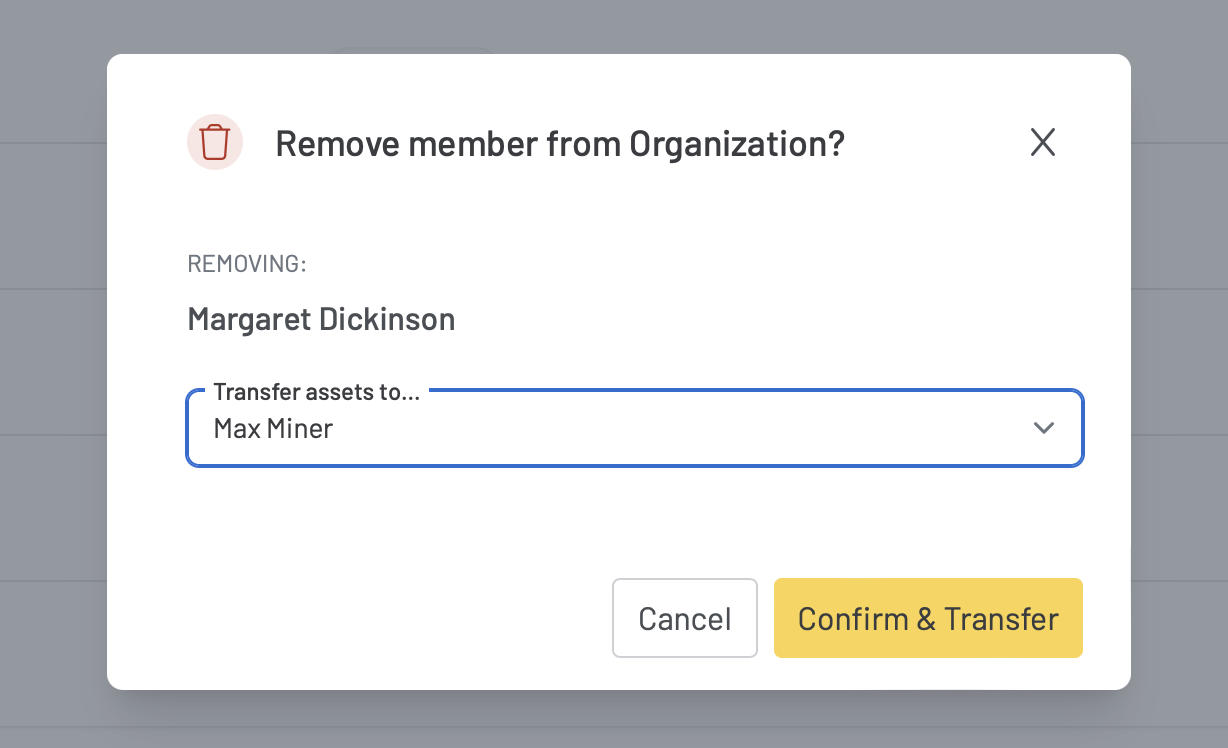 Screenshot of a popup modal that shows up when the trash icon is selected to remove a user. 