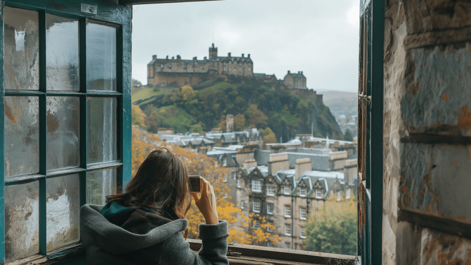 A tourist capturing a photo of Edinburgh Castle from the window of her cottage rental