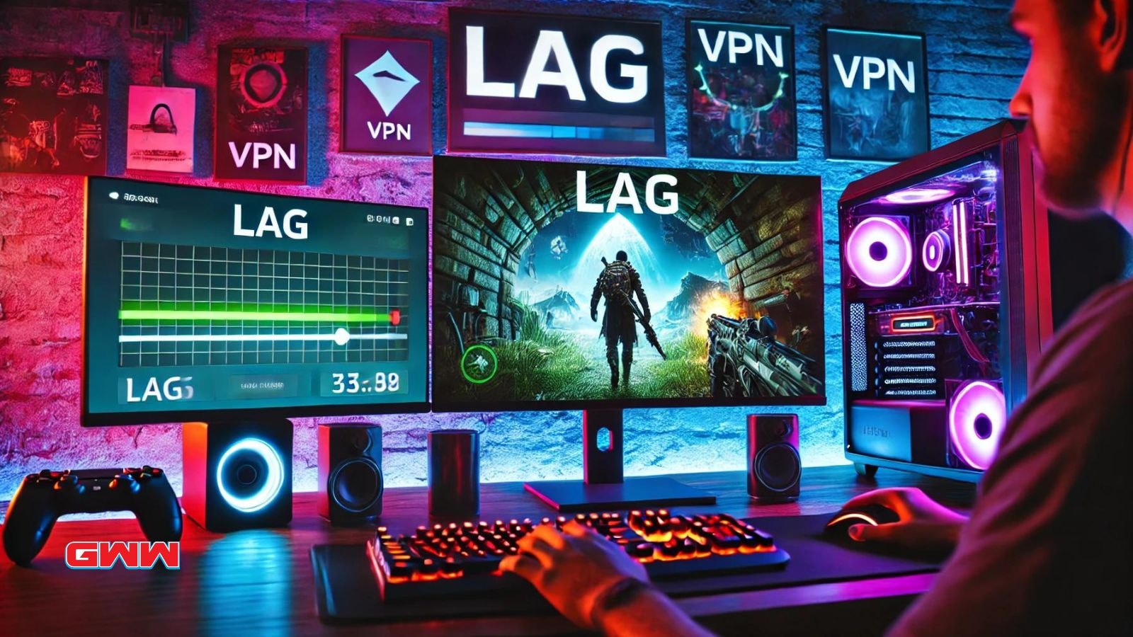 A wide image showing a gamer experiencing lag while playing a game on a high-end setup