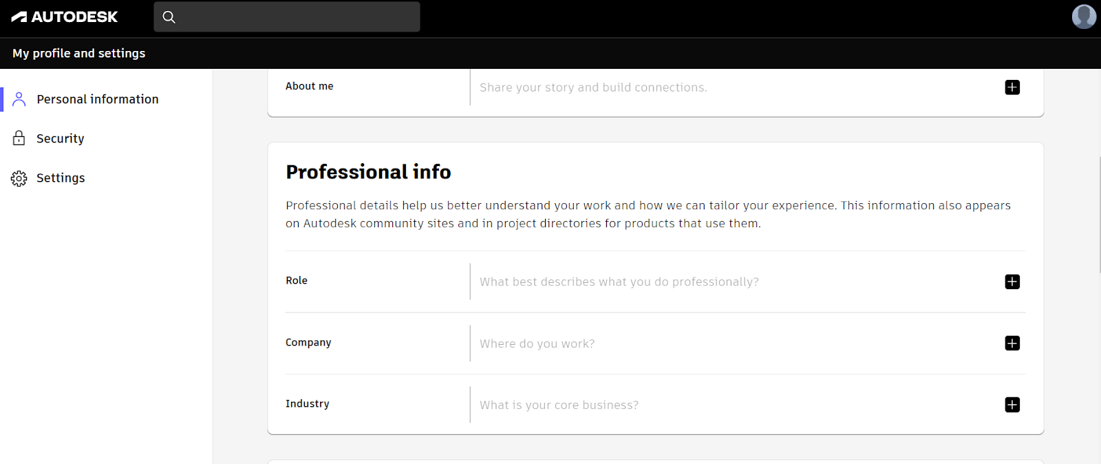 Adding personal information to the Autodesk Account