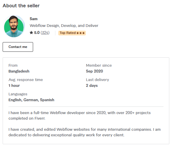 Sam's fiverr profile - the best full-time Webflow developer