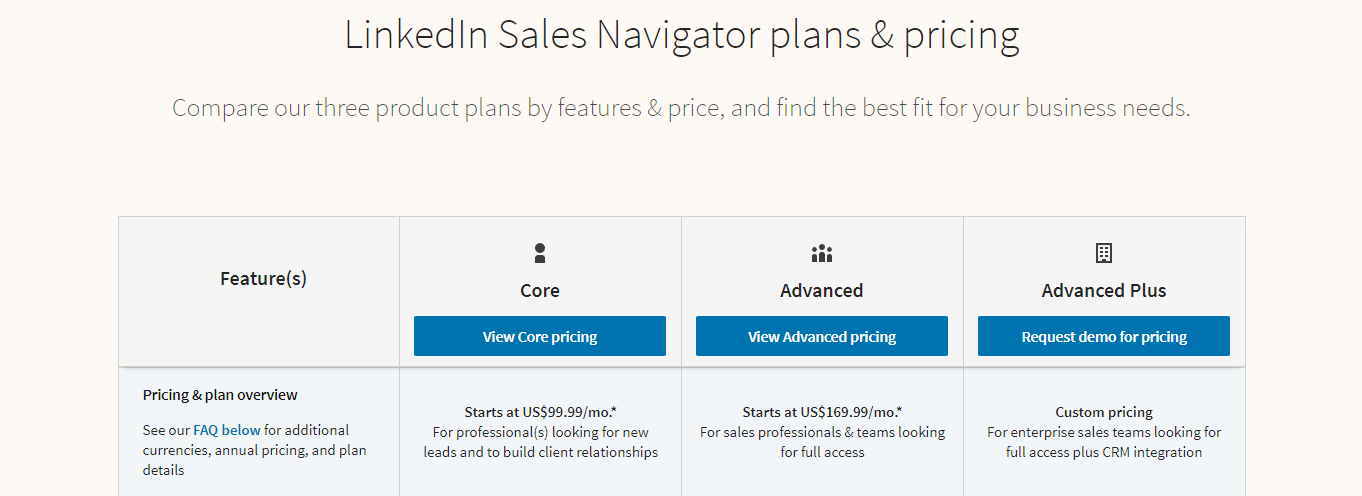 LinkedIn Sales Navigator Plans and Pricing 