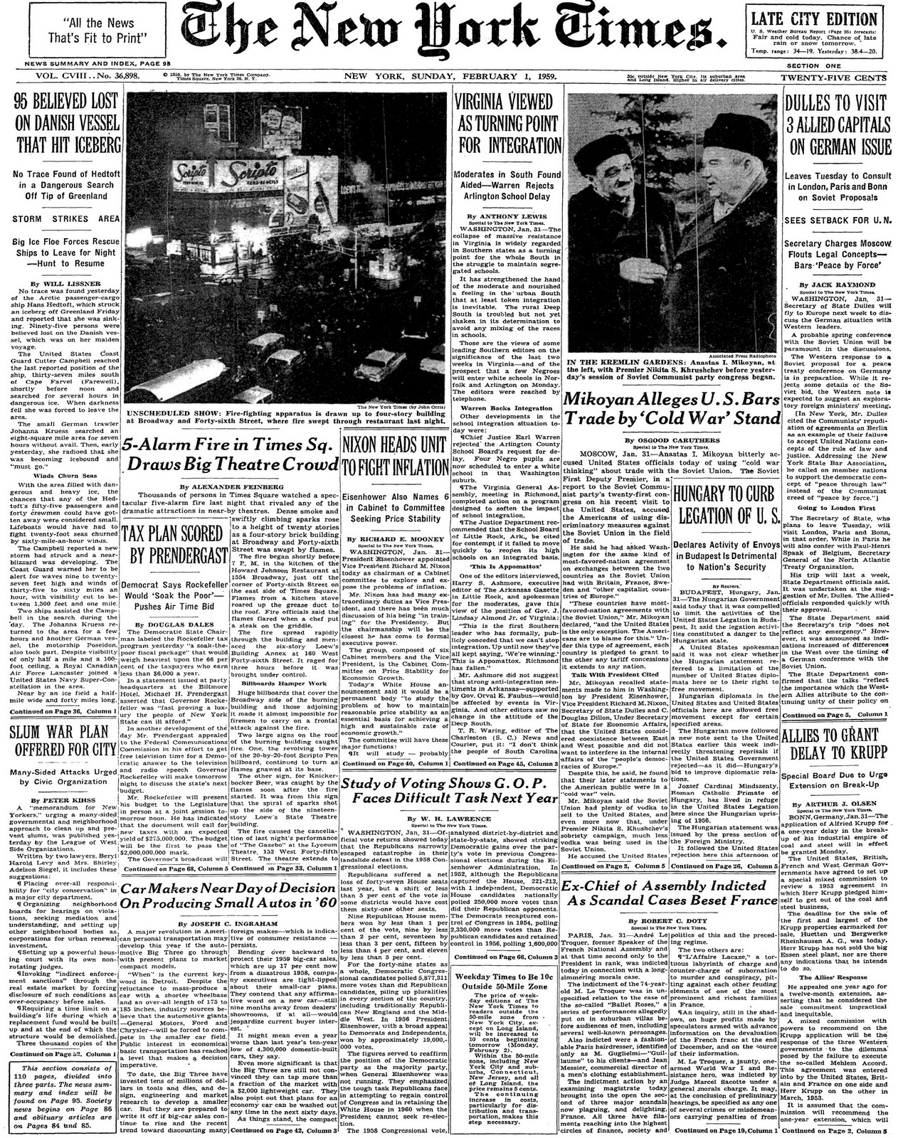 Sunday, February 1, 1959 – The New York Times Front Page 