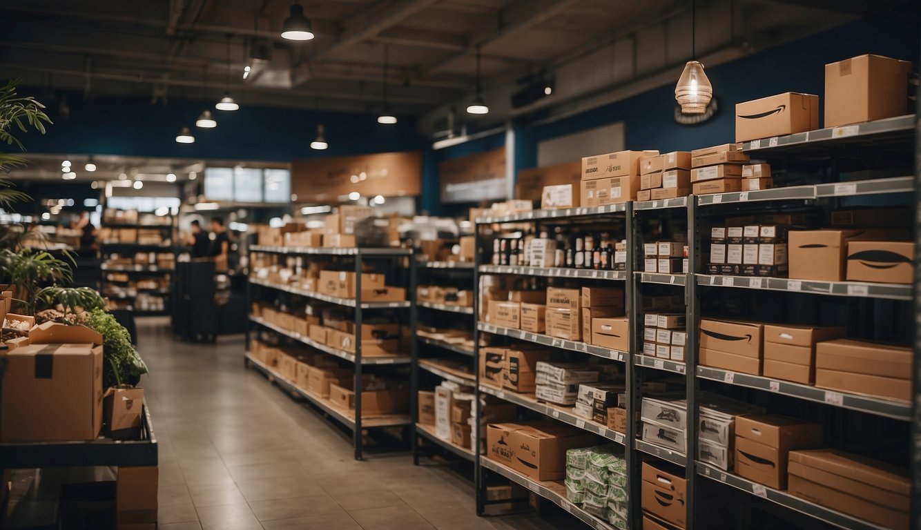 A bustling marketplace with products displayed on shelves, representing the choice between Amazon FBA and dropshipping. Various items and packaging indicate the different considerations for sellers