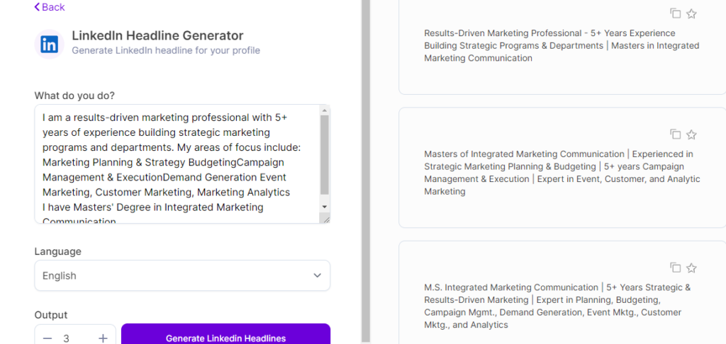 Using Keywords on LinkedIn Headline Generator- Via WriterBuddy