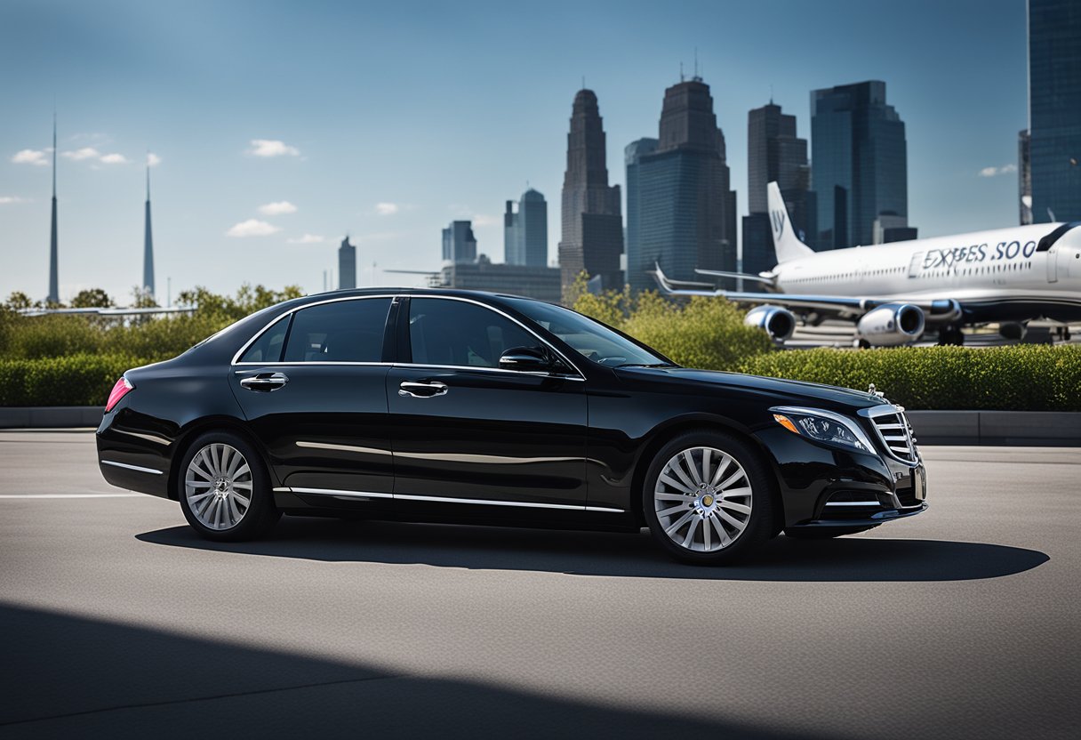 A sleek black luxury sedan pulls up to the curb at LGA Airport, with the Soho Express Transportation logo prominently displayed on the side