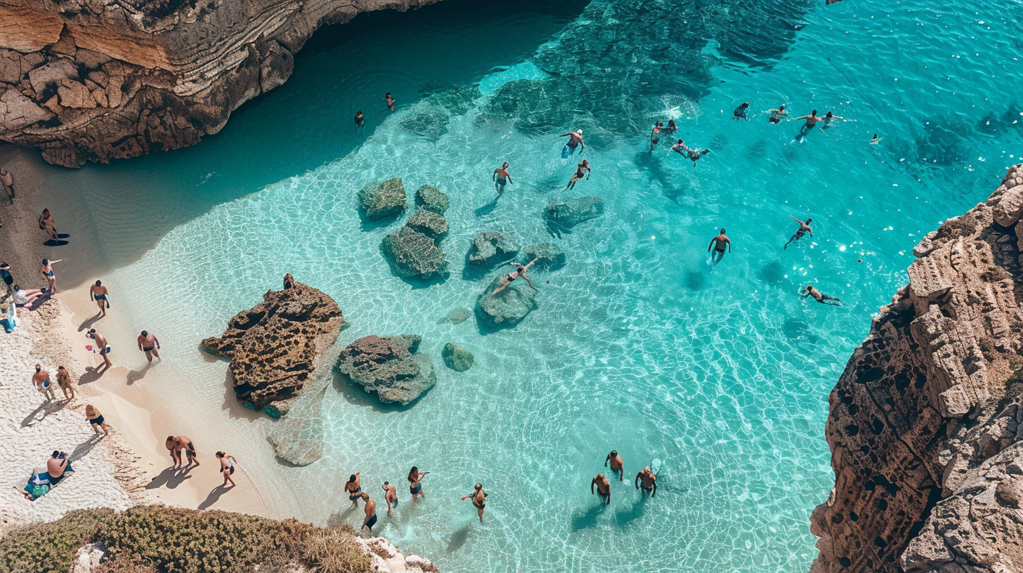 The turquoise waters and white, sandy shores of a beach in Italy, viewed from a cliff overlooking the bay.