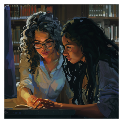 A smiling librarian assists a student who is sitting at a computer located within the library.