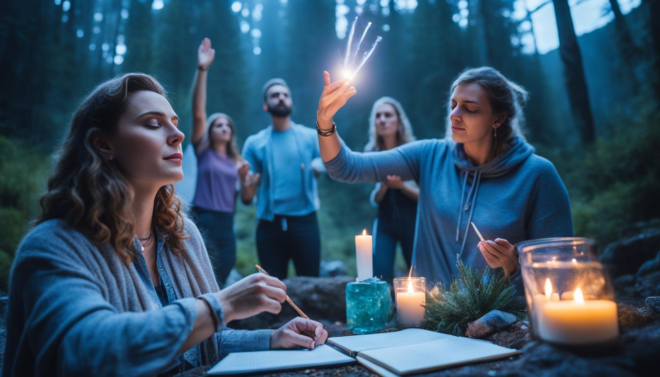 A group of people standing outdoors under a full moon, with their hands raised towards it and eyes closed in quiet concentration. Crystals and candles are scattered around them, while a stream running nearby adds to the serene atmosphere. One person has a notebook and pen in their hand, jotting down their intentions for manifestation during this powerful lunar event.