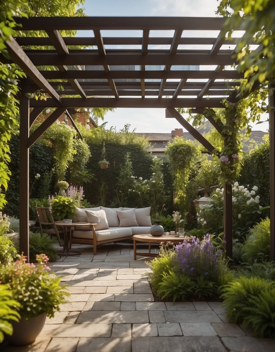 A pergola is being installed in a backyard, surrounded by lush greenery and blooming flowers. The structure is positioned to provide shade and a cozy outdoor living space