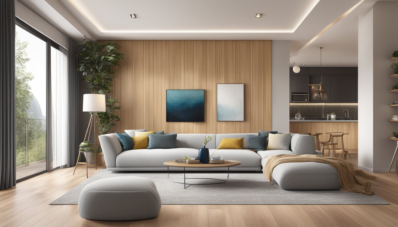 A modern living room with sleek WPC wall panels, showcasing their durability and aesthetic appeal. Light from the large windows illuminates the space, highlighting the smooth texture and natural wood grain patterns of the panels