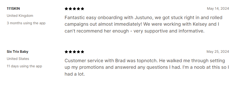 Customers' Reviews on Justuno