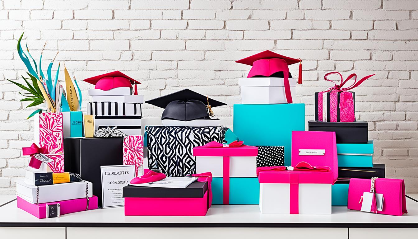 Create an image of a fashionable graduation gift display. Show a variety of items such as trendy clothing, chic accessories, stylish shoes, and elegant jewelry. Use bright colors and clean lines to make the products pop. Include a graduation cap and diploma in the background to tie in the theme. Make sure the overall vibe is youthful and energetic to appeal to young graduates.