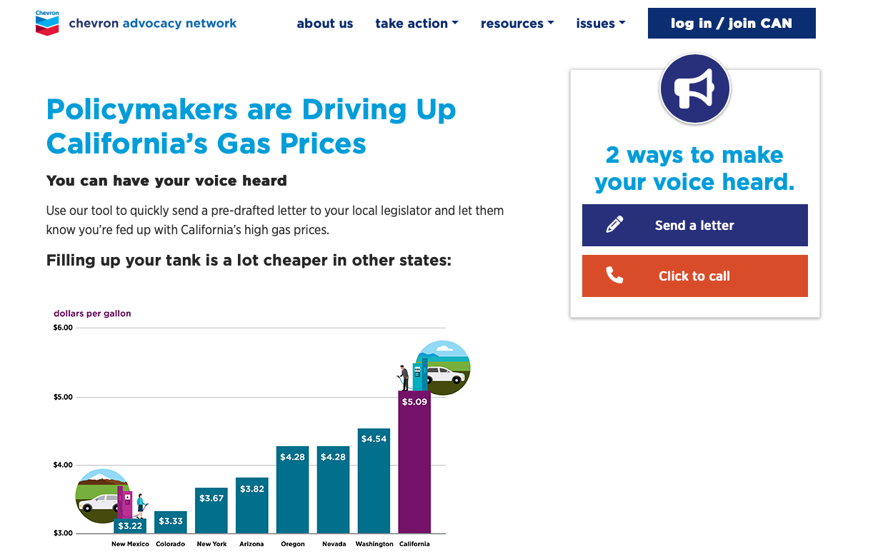 Chevron Advocacy Network website discussing California gas prices 