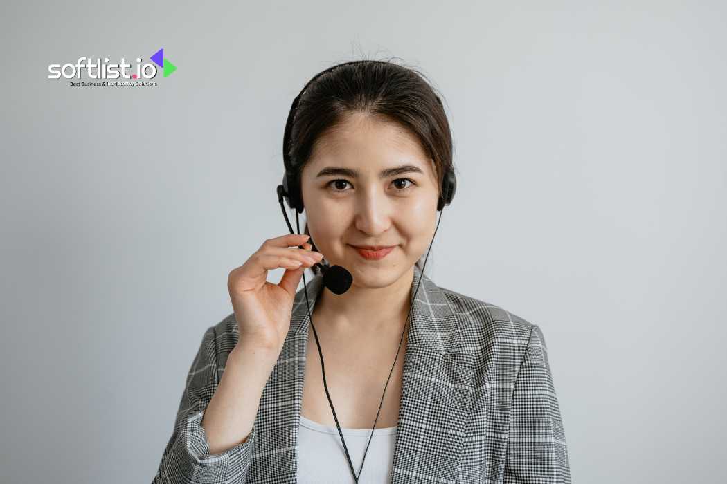 Smiling call center agent wearing a headset