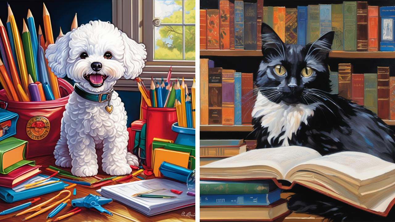 Side-by-side AI pet portrait of an eager white bichon dog among scattered school supplies and a black cat reading a book in a library