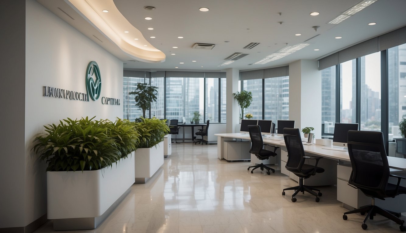 A sleek and modern office space with the logo of "Loan Products Lian Fong Capital Licensed Money Lender" prominently displayed on the wall