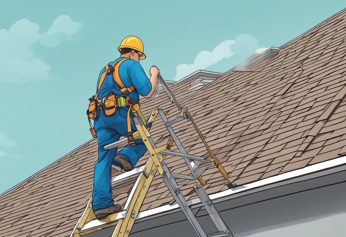 A person wearing a safety harness and using a sturdy ladder to inspect and repair a roof in Sugar Land, TX