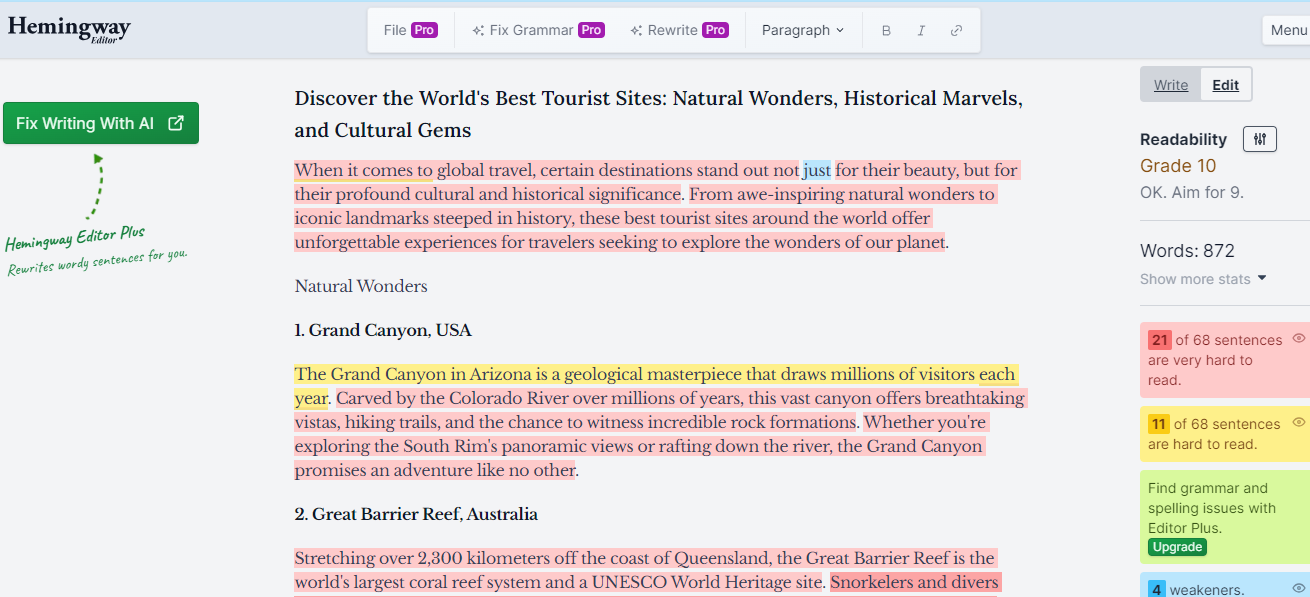 Hemingway Editor screenshot for improving AI content SEO