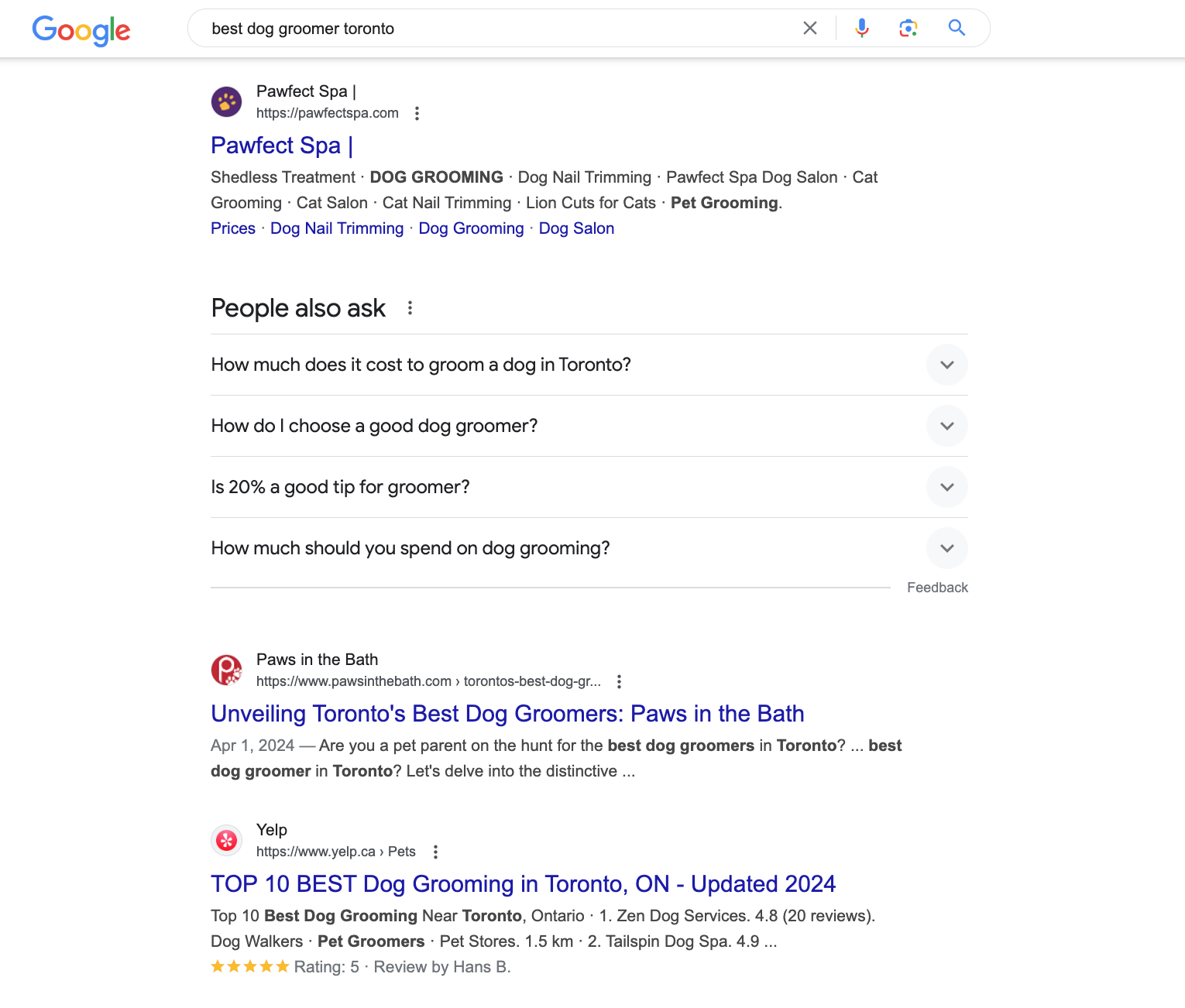 Organic search results for a dog groomer.