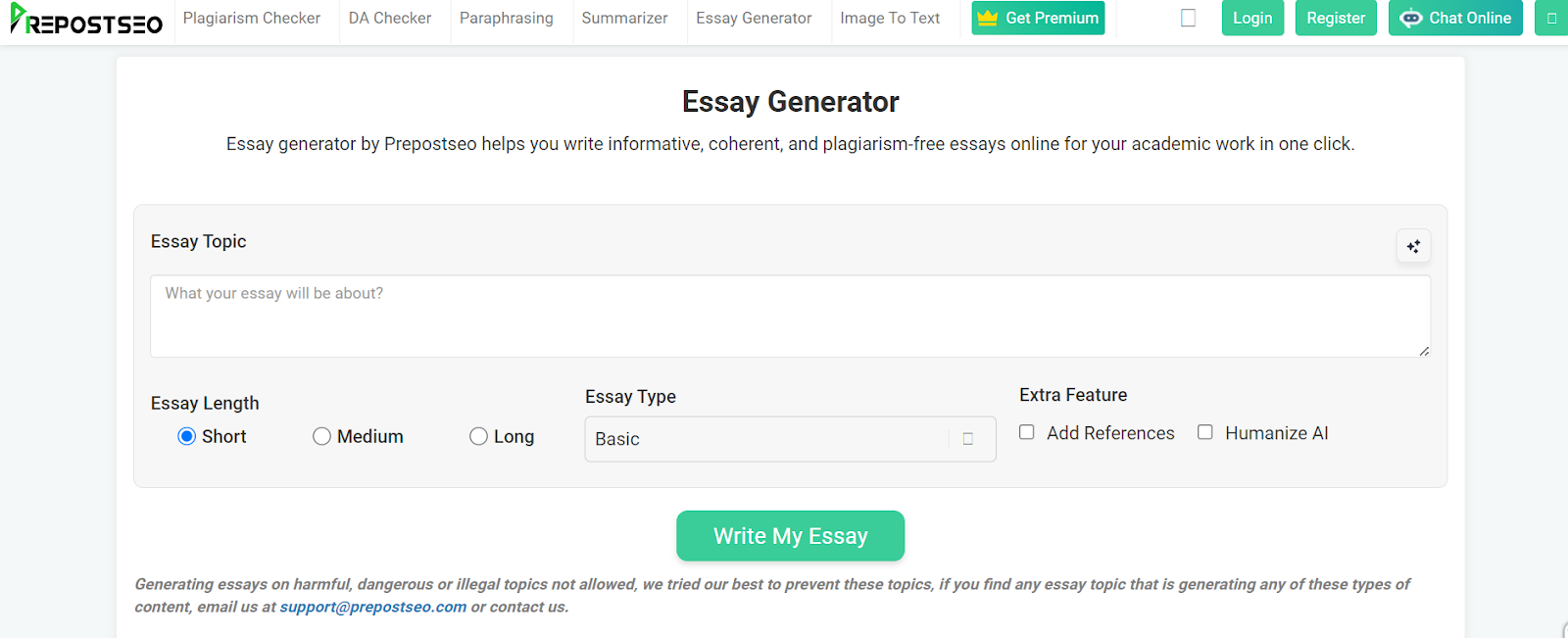 PrepostSEO’s Essay Generator