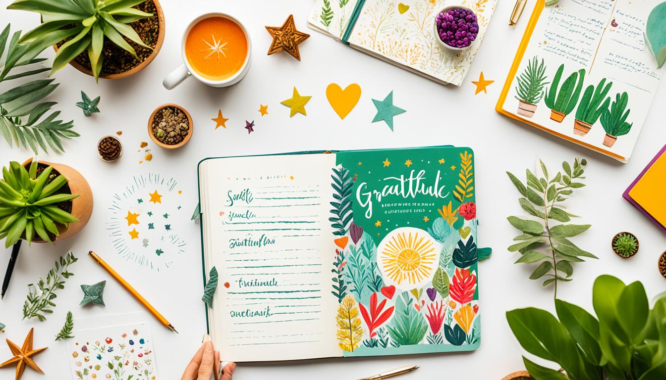 A person sitting at a desk, surrounded by plants and natural elements. The person is holding a colorful gratitude journal with a smile on their face. Display the pages of the journal with illustrations of things that they are grateful for, such as a loving relationship, a fulfilling career, or delicious food. Add in some decorative elements like stars or hearts to convey positivity and joy. Make the scene feel peaceful and calm, as if the person is taking time to reflect on their progress and appreciate all the good things in their life.