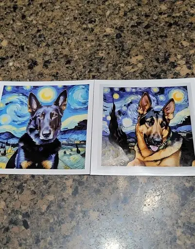 Custom pet stickers of two dogs on a starry night background