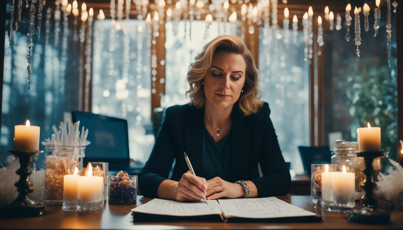 A person sitting at a desk, surrounded by candles and crystals, with a pen and paper in front of them. The person has a focused and determined expression on their face as they write out the names of people they want to attract into their life. The room is dimly lit, with streaks of soft light coming in through the window behind them. A sense of intention and manifestation can be felt in the air.