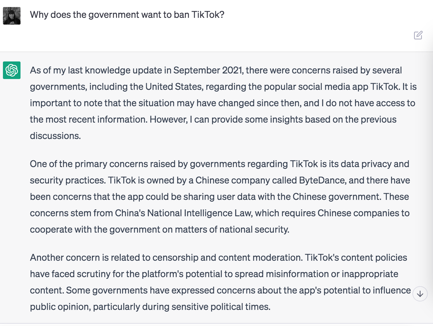 An image of ChatGPT explaining why the US government wants to ban the app TikTok in the country.