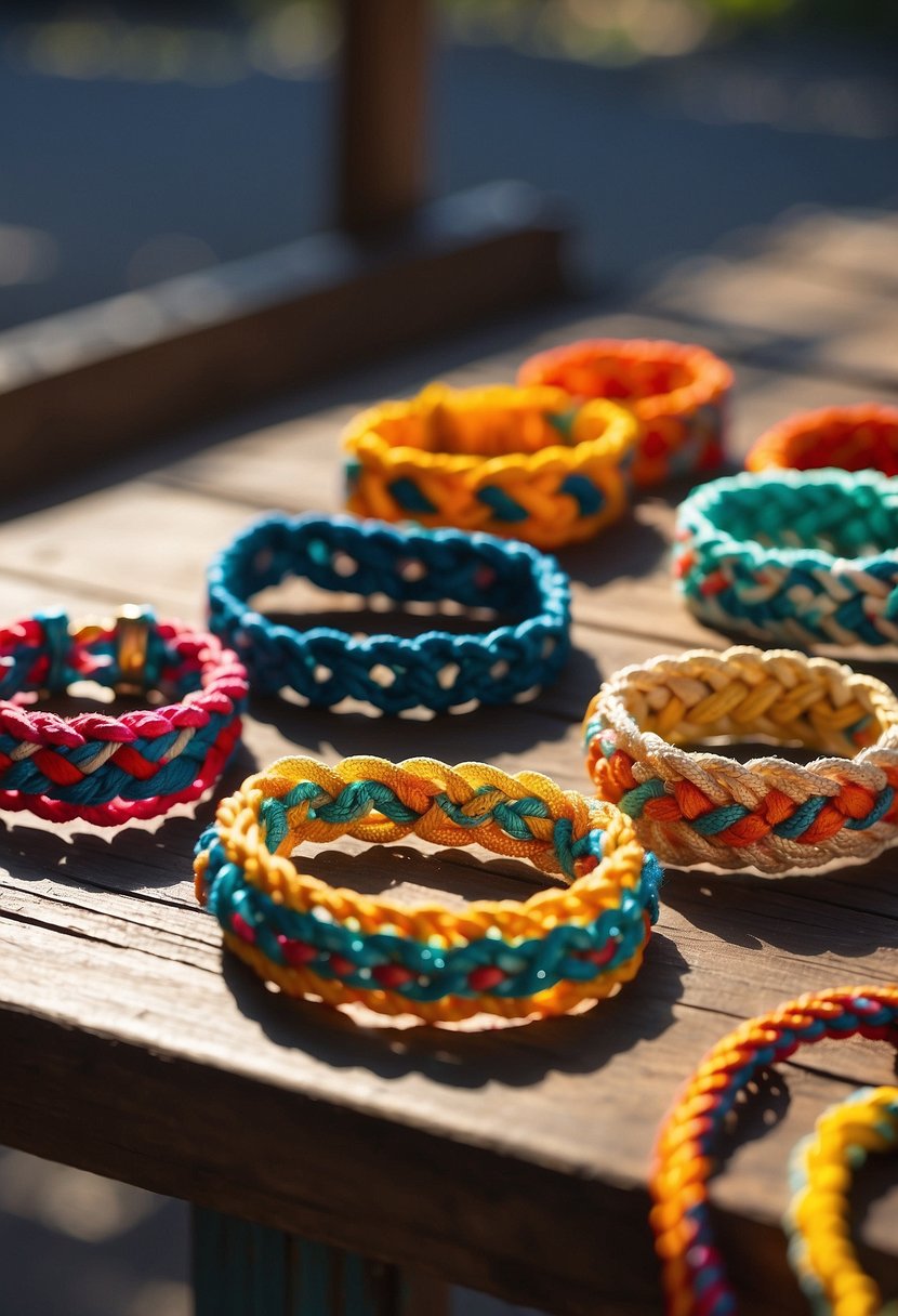 Colorful braided bracelets displayed on a wooden table with price tags. Sunlight filters through a nearby window, casting a warm glow on the handmade crafts