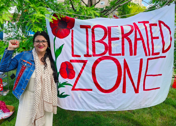 Image of Rashida next to an banner that says LIBERATED ZONE