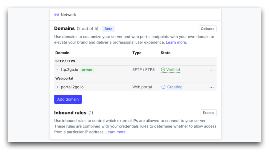 secure file transfer protocol custom domains support