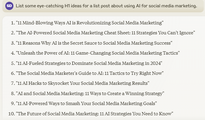 ai for social media marketing - ChatGPT list of potential headlines for social media posts