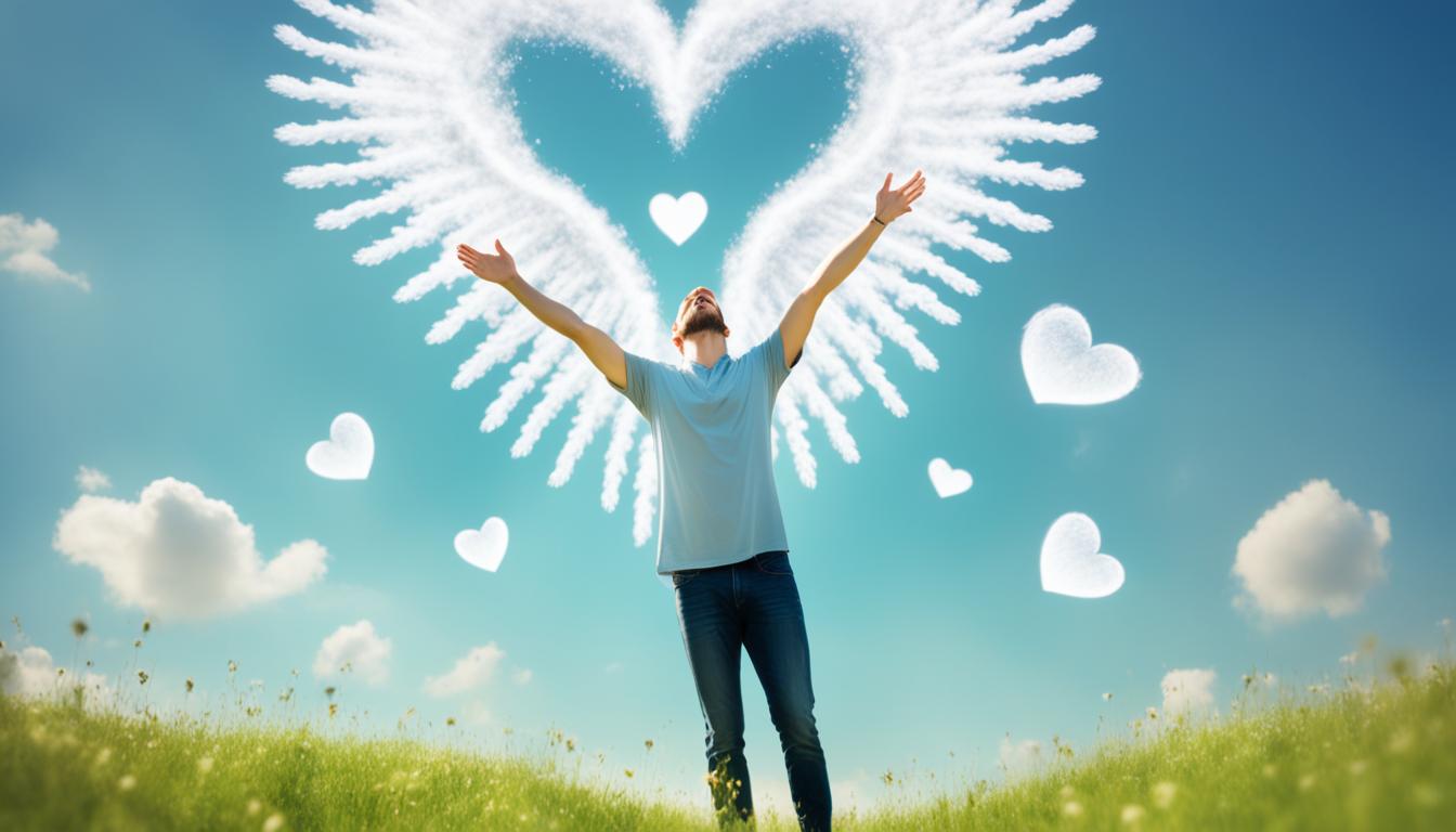 Create an image of a person standing in a field, surrounded by floating Angel Numbers. The numbers should be bright and glowing, radiating positive energy towards the person. In the distance, a heart-shaped cloud can be seen, symbolizing the manifestation of love. The person in the center should have their eyes closed, with a serene expression on their face, as if they're meditating or visualizing their desires coming to fruition. The overall vibe of the image should be peaceful and hopeful, capturing the transformative power of the Angel Number phenomenon.