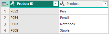Power BI example of merge tables: products table