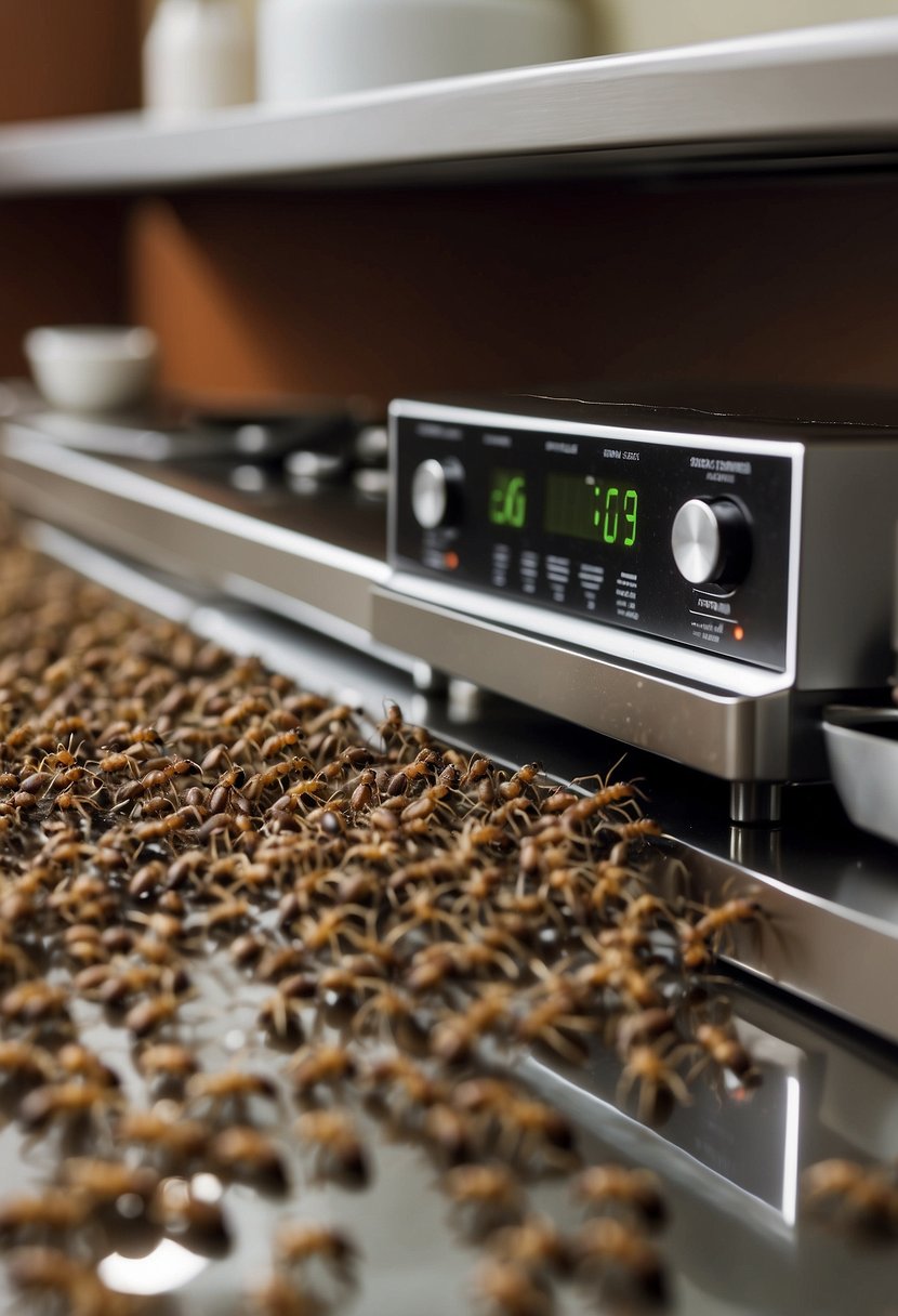 Ant traps are placed strategically around a kitchen, near food sources. Ants are seen crawling towards the traps, attracted by the bait inside