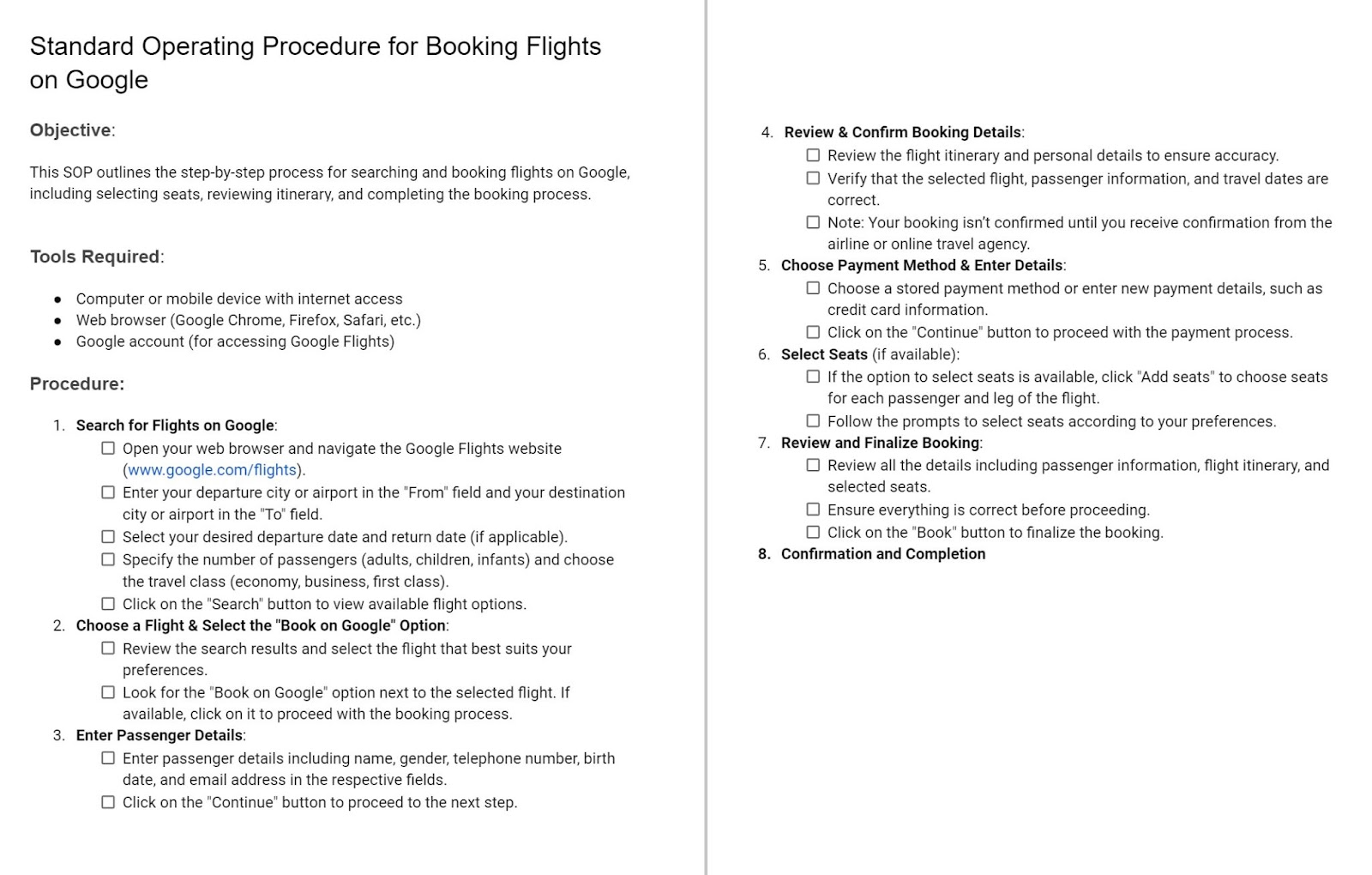 Creating SOPs: Narrative-Style & Checklist SOP Format Sample  (Google Flights)