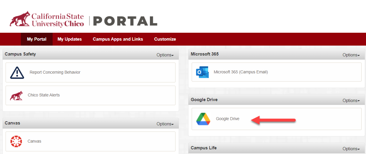 Chico State portal with arrow pointing to shortcut to Google Drive access 