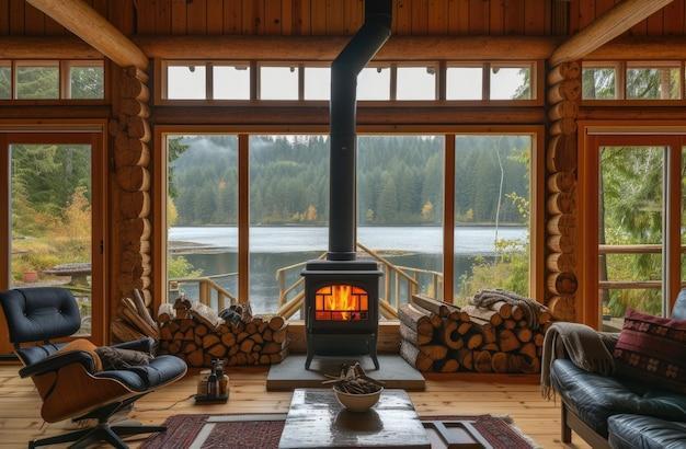 Photorealistic timber house interior with wooden decor and furnishings