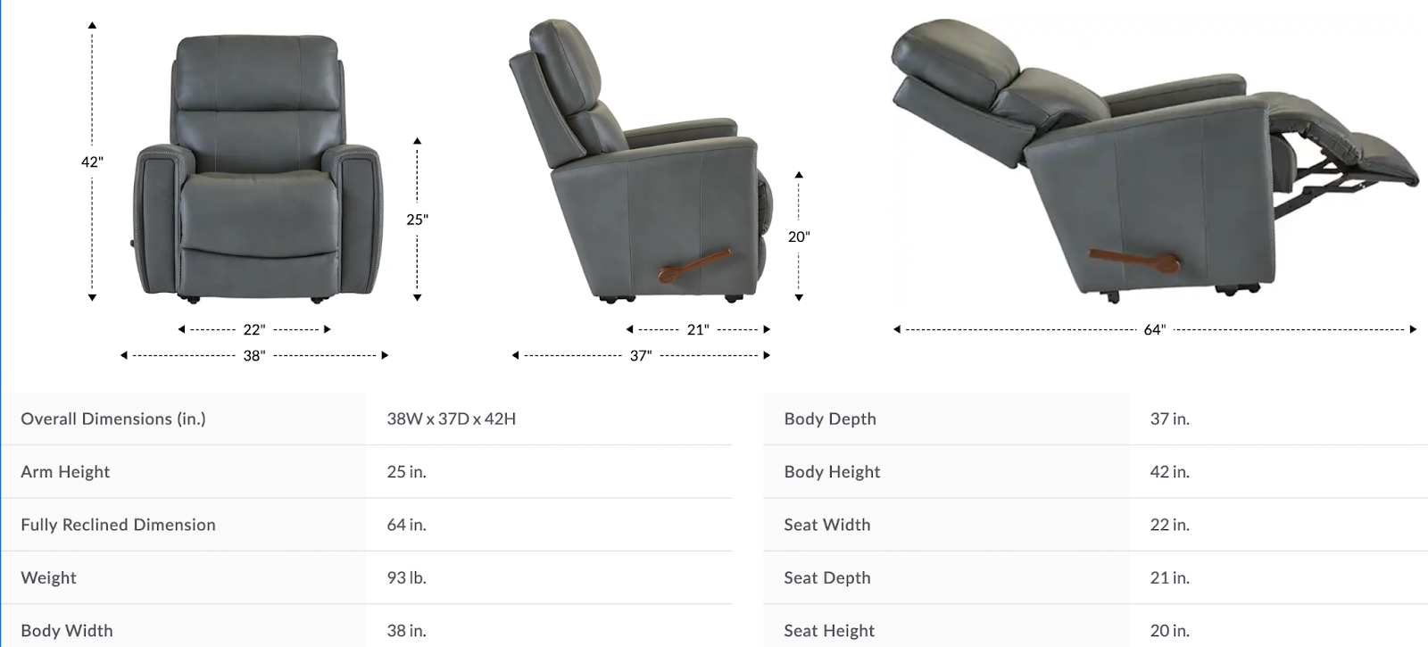 apollo wall recliner dimensions