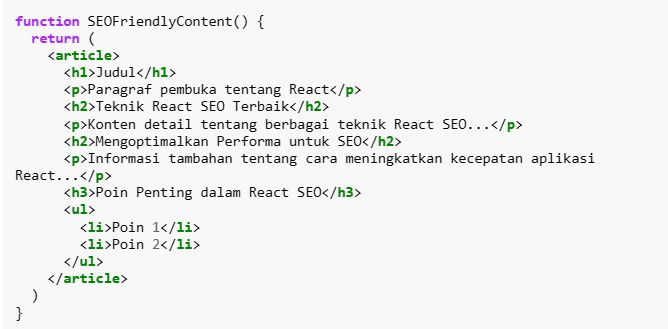 Contoh struktur heading konten yang ramah SEO pada React.