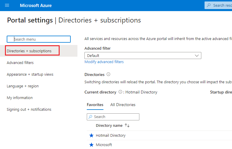 Open Directories + Subscriptions in Azure