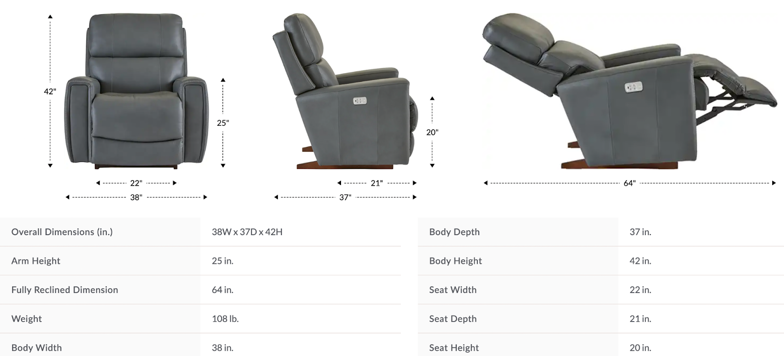 apollo power rocking recliner w/ headrest & lumbar dimensions