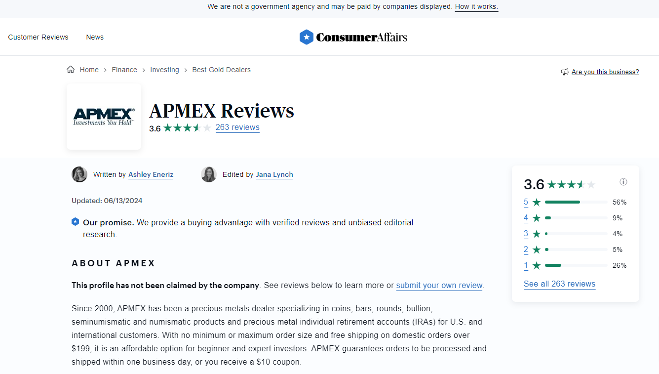 APMEX reviews on ConsumerAffairs