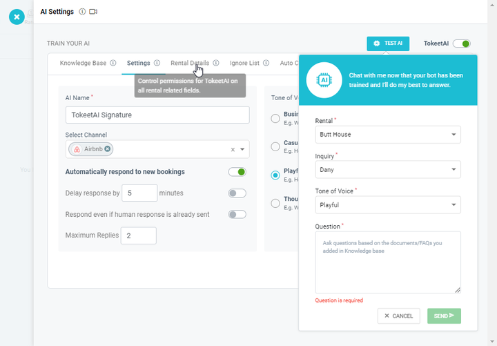 Screenshot of TokeetAI settings for AI property management, showing options for configuring responses and permissions for rental details.