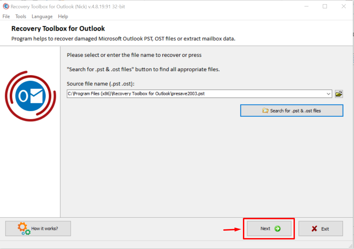 Recovery Toolbox for Outlook file selection screen with "Next" button highlighted.